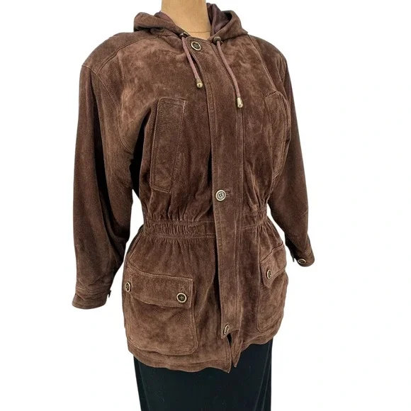 VTG Chocolate Brown Suede Jacket Hooded Leather Parka Oversized Sz S BB Dakota - Picture 8 of 14